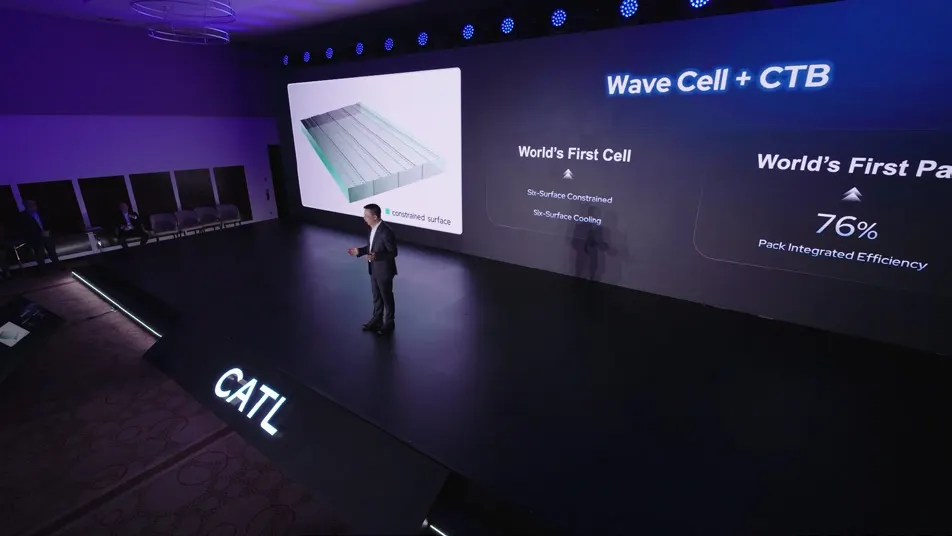 Speaker presenting battery technology on a wide CATL stage.