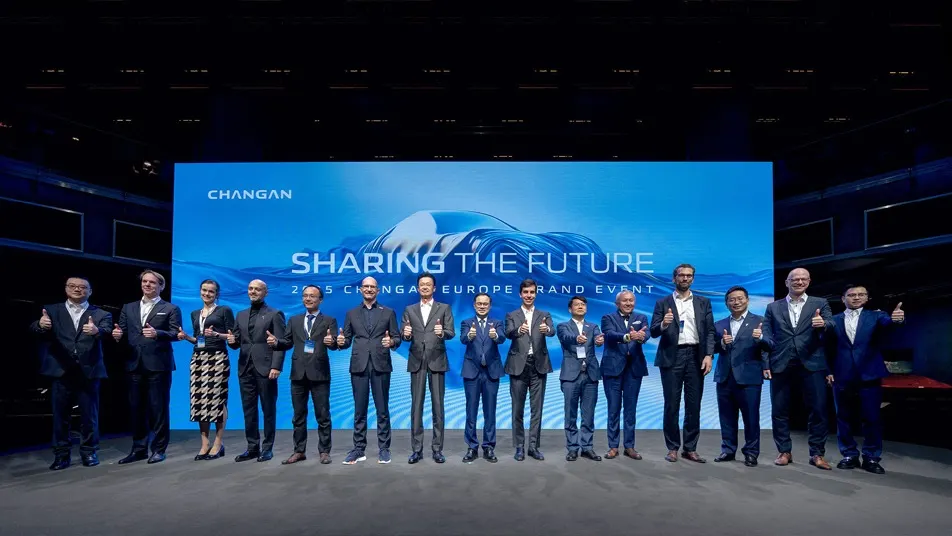 Launch participants gathered across the Sharing the Future stage.
