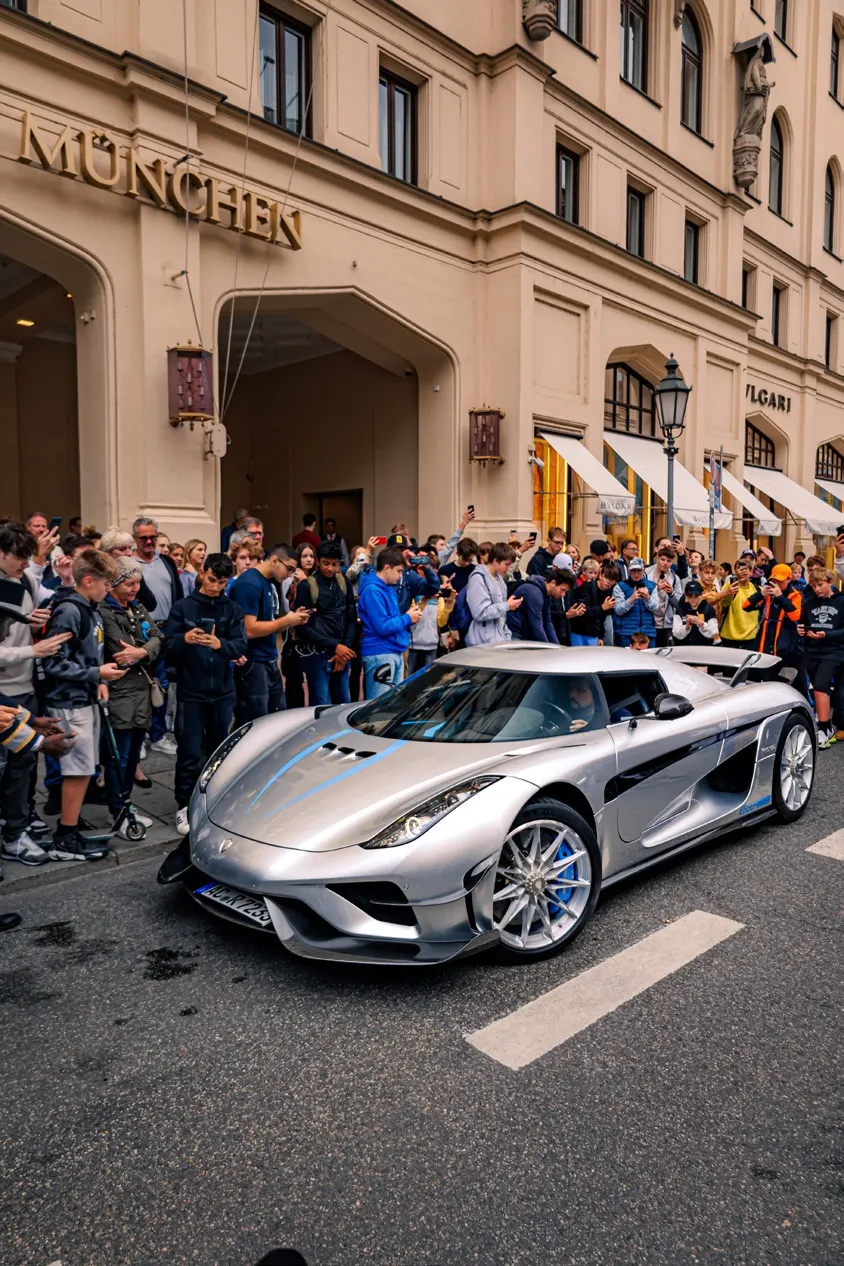 Performance car passing a crowd outside a Munich hotel.