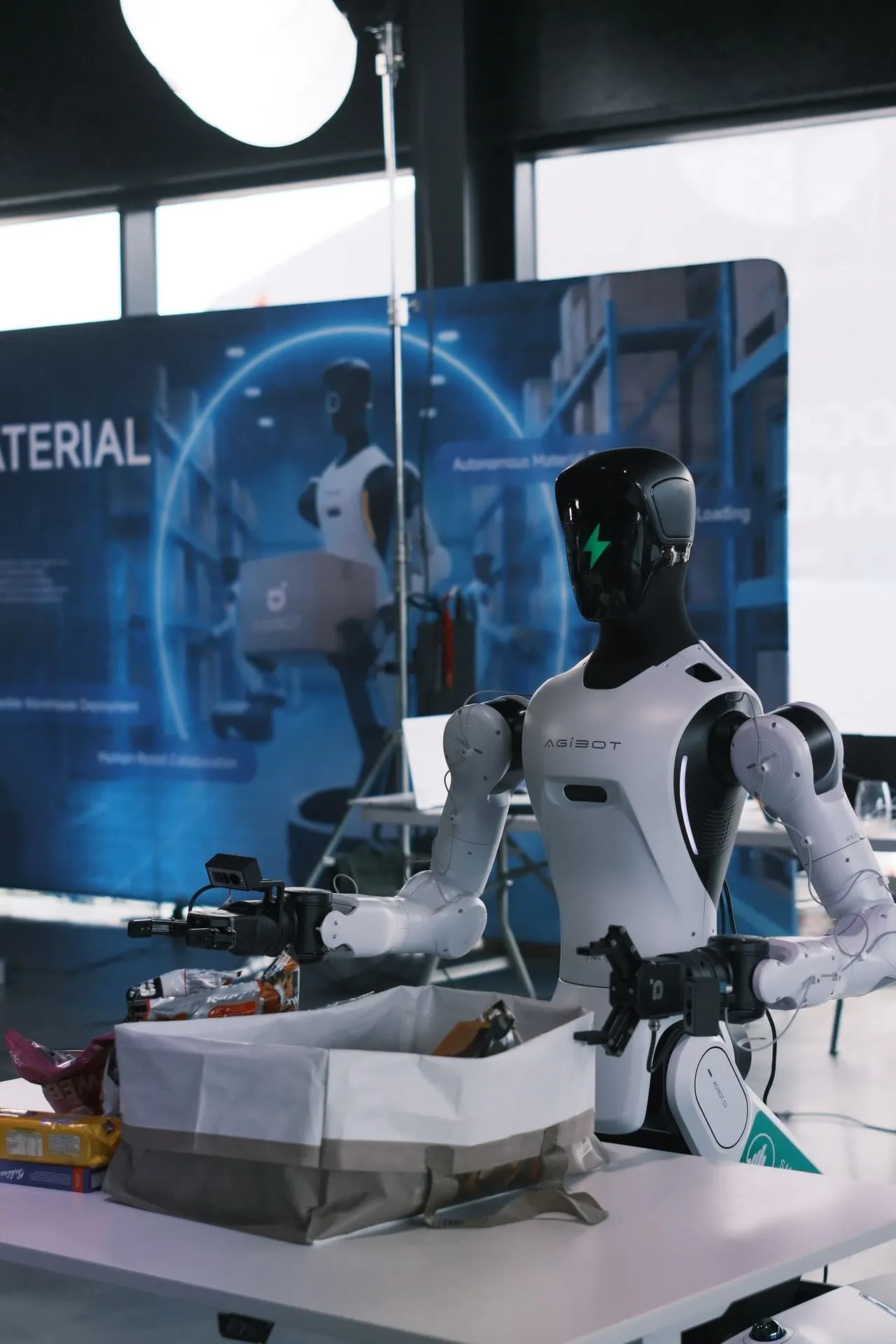 AGIBOT humanoid robot displayed in the London exhibition space.